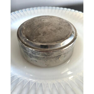 Vtg Silver Plated Metal Jewelry Trinket Round Box Lid Lined Blue Velvet